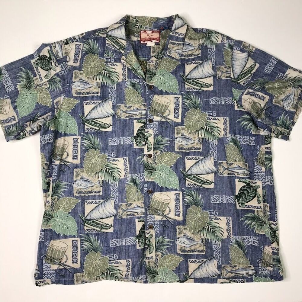 RJC Hawaiian Shirt Adult 2X Blue Button Up Canoe Fish Turtle Print USA Made Mens